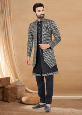Exclusive Contrasting black Thread and Detailed Embroidery Work Indo Western, Sherwani | Indian Traditional Mens Wear